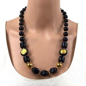 Liz Claiborne Necklace Black Gold Tone Beads Crest Shield Adjustable Length